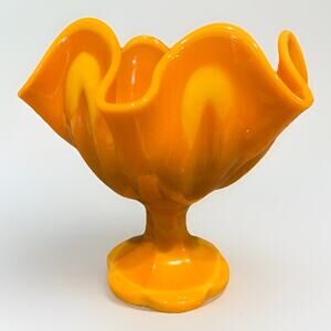 LE Smith Bittersweet Orange Swung Slag Glass Compote Pedestal Candy Dish 6 Petal